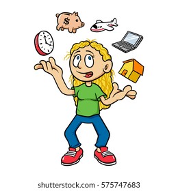 Cartoon Woman Juggling Time Management Vector Illustration