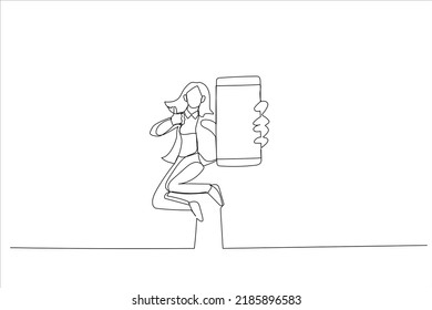 Cartoon of woman jumping on air, pointing at cellphone with empty screen. Continuous line art
