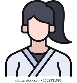 Cartoon Woman in Karate Gi with Ponytail and Black Outline