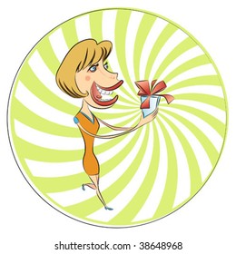 Cartoon woman keeps a prize box in his hands and very enjoys it.