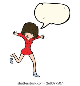 cartoon woman kicking off sock with speech bubble
