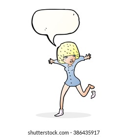 cartoon woman kicking off sock with speech bubble