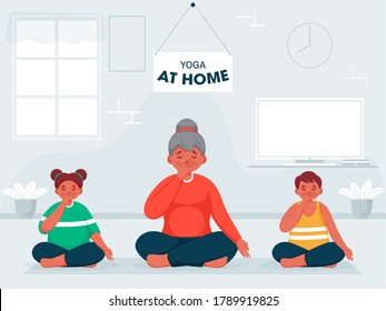 Cartoon Woman With Kids Doing Alternate Nostril Breathing Yoga In Sitting Pose At Home To Prevent From Coronavirus.