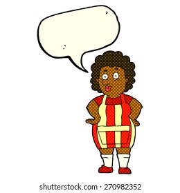 cartoon woman in kitchen apron with speech bubble