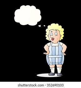 cartoon woman in kitchen apron with thought bubble