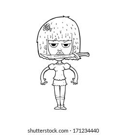 cartoon woman with knife between teeth