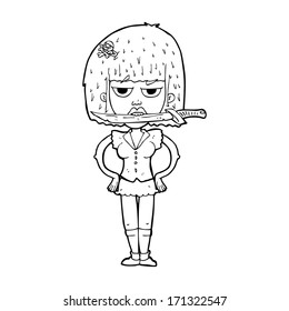 cartoon woman with knife between teeth