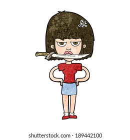 cartoon woman with knife between teeth
