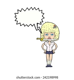 cartoon woman with knife between teeth with speech bubble