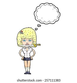 cartoon woman with knife between teeth with thought bubble
