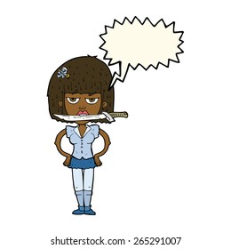cartoon woman with knife between teeth with speech bubble