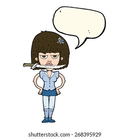 cartoon woman with knife between teeth with speech bubble