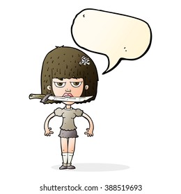 cartoon woman with knife between teeth with speech bubble