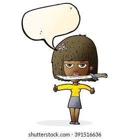 cartoon woman with knife between teeth with speech bubble
