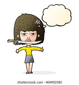cartoon woman with knife between teeth with thought bubble
