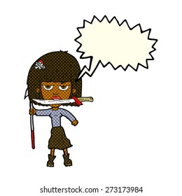 cartoon woman with knife and harpoon with speech bubble