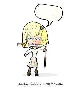 cartoon woman with knife and harpoon with speech bubble