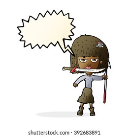 cartoon woman with knife and harpoon with speech bubble