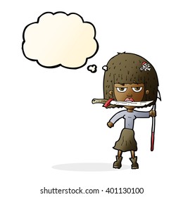 cartoon woman with knife and harpoon with thought bubble