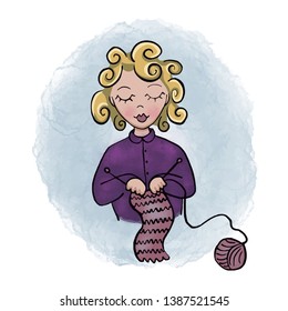 Cartoon woman knitting hobby, vector