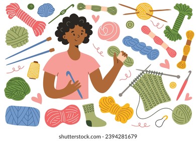 Cartoon woman knitting with wool, collection of yarn and knitting needles, trendy needlework craft, handicraft accessories, set of handmade knitted items, crochet hook icon, isolated outline clipart svg