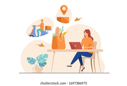 Cartoon woman with laptop ordering food online. Courier riding motorbike with parcel box. Vector illustration for food delivery, ecommerce, service concept