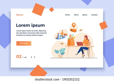 Cartoon woman with laptop ordering food online. Courier riding motorbike with parcel box. Vector illustration for food delivery, ecommerce, service concept