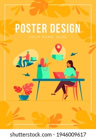 Cartoon woman with laptop ordering food online. Courier riding motorbike with parcel box. Vector illustration for food delivery, ecommerce, service concept