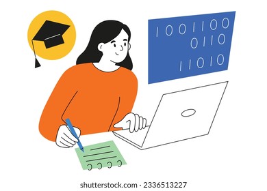 Caricatura de mujeres aprendiendo a codificar, concepto de cursos en línea, educación en TI, profesiones digitales, programador trabajando en laptop, código binario en pantalla, ilustración vectorial de clases de tecnología de la información