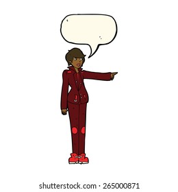 cartoon woman in leather jacket pointing with speech bubble