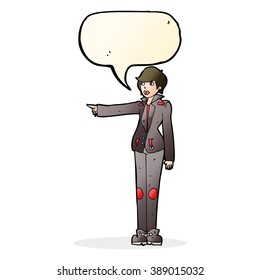 cartoon woman in leather jacket pointing with speech bubble