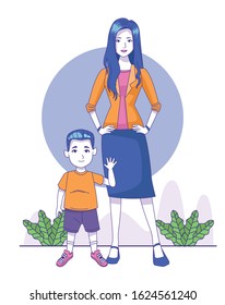 cartoon woman with little boy icon over white background, colorful design, vector illustration
