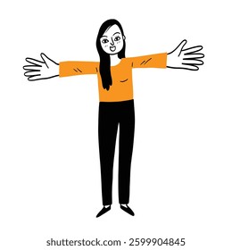 A cartoon woman with long dark hair, wearing an orange long-sleeved shirt and black pants, stands with arms outstretched in a welcoming gesture.  Her expression is fr Hand drawing Vector illustration.