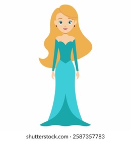  a cartoon  woman with long hair.Beautiful doll in a blue dress.Suitable for children's books, sticker,t shirt design, mascot, logo. Isolated on white background. Front view. Vector illustration. 