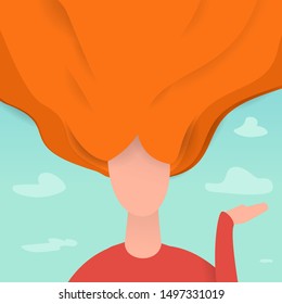 Cartoon woman with long red hair. Beautiful fashion composition. Modern flat vector illustration.