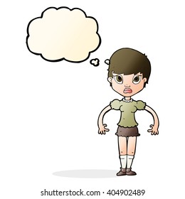 cartoon woman looking annoyed with thought bubble