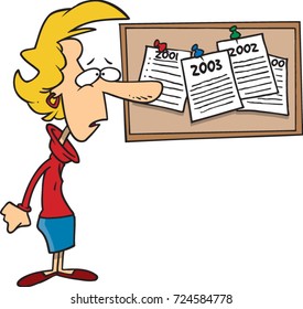 Cartoon Woman Looking At A Bulletin Board With Paper And Dates From The Years Past (resolutions)