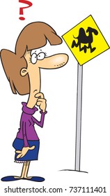 cartoon woman looking in confusion at a street sign with a camel symbol on it
