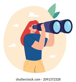 Cartoon woman looking far ahead with help of big binoculars. Happy female tourist or businesswoman flat vector illustration. Traveling, tourism, adventure concept for banner or landing web page