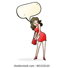 cartoon woman looking in handbag with speech bubble