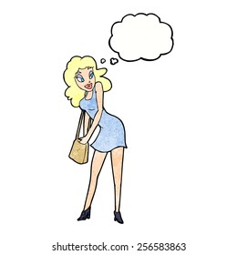 cartoon woman looking in handbag with thought bubble