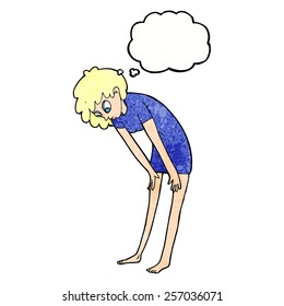 cartoon woman looking at her feet with thought bubble