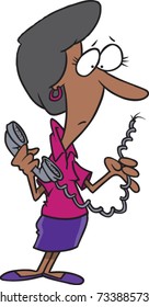 cartoon woman looking at her telephone cord that has been cut