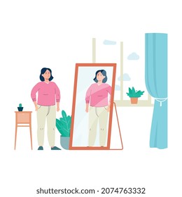 Cartoon Woman Looking In Mirror And Smiling - Confident Girl Happy With Her Body Size Standing In Room Interior. Vector Illustration Of Body Positive Person.