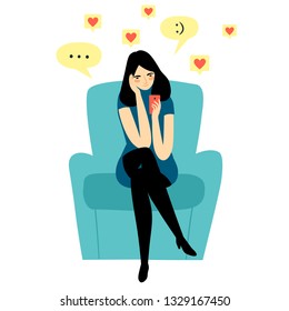 Cartoon woman looking on smartphone screen, chatting and putting likes. Social networks  vector illustration for your design.