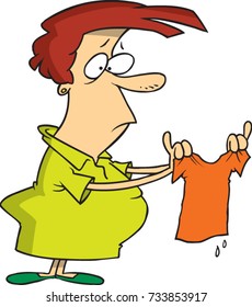 cartoon woman looking at a shirt that is wet and has shrunk in the laundry