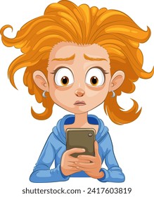 Cartoon of a woman looking shocked at her phone