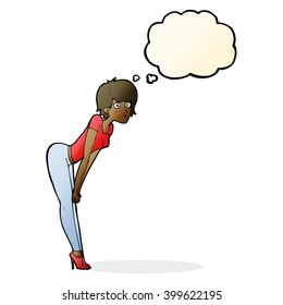 cartoon woman looking at something with thought bubble