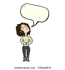 cartoon woman looking upwards with speech bubble