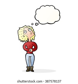 cartoon woman looking upwards with thought bubble